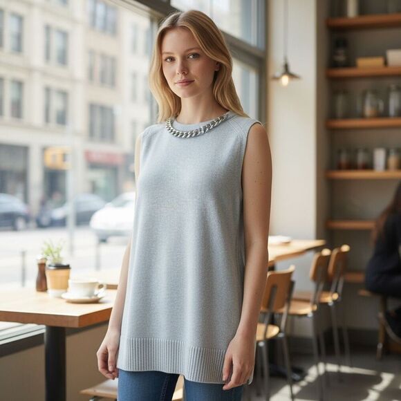 Michael Kors Chain-Neck Sleeveless Sweater Tunic Pearl Heather Gray NWT Size M S - Picture 1 of 11